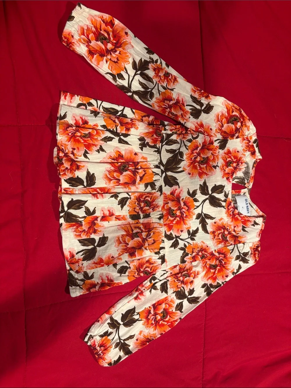 Old Navy Cream Floral Blouse with Orange & Brown Print